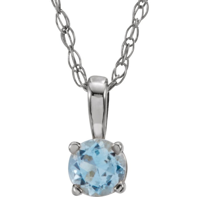 14K Gold Round Aquamarine Youth Birthstone Necklace or Pendant - White Gold
