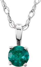 14K Gold Round Lab-Grown Emerald Youth Birthstone Necklace or Pendant - White Gold