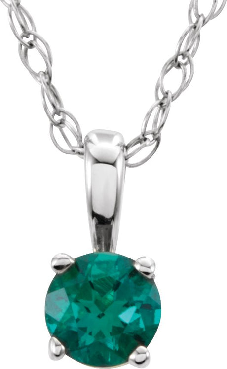 14K Gold Round Lab-Grown Emerald Youth Birthstone Necklace or Pendant - White Gold