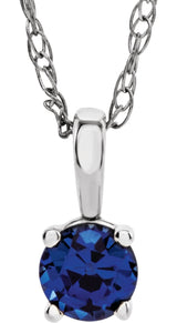 14K Gold Round Lab-Grown Blue Sapphire Youth Birthstone Necklace or Pendant - White Gold