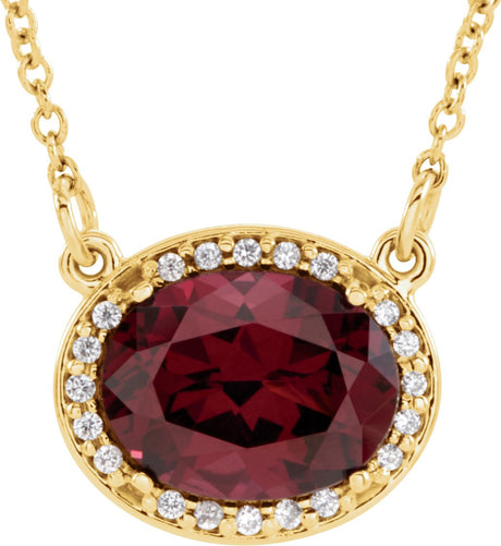 14K Gold Oval Natural Rhodolite Garnet Halo-Style Necklace - Yellow Gold