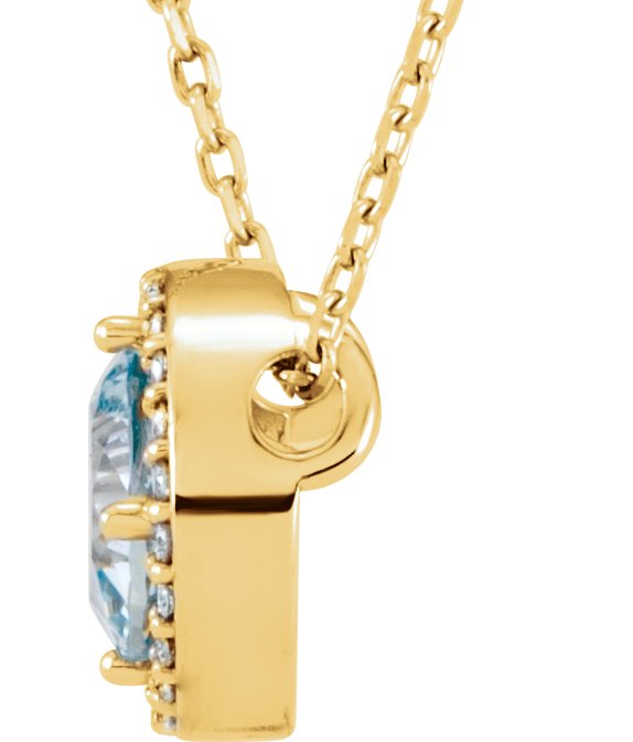 14K Gold Round Natural Aquamarine Halo-Style Necklace or Pendant - Yellow Gold - view 2