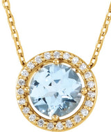 14K Gold Round Natural Aquamarine Halo-Style Necklace or Pendant - Yellow Gold