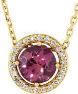 14K Gold Round Natural Pink Tourmaline Halo-Style Necklace or Pendant - Yellow Gold