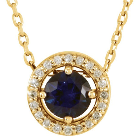 14K Gold Round Natural Blue Sapphire Halo-Style Necklace or Pendant - Yellow Gold