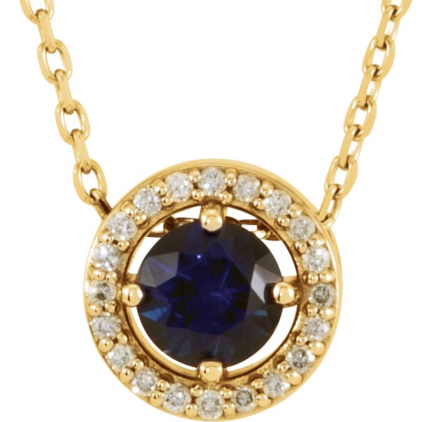 14K Gold Round Lab-Grown Blue Sapphire Halo-Style Necklace or Pendant - Yellow Gold