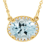 14K Gold Oval Natural Aquamarine Halo-Style Necklace - Yellow Gold