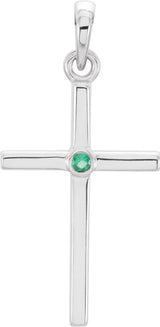 14K Gold Round Natural Emerald Cross Pendant - White Gold