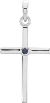 14K Gold Round Natural Blue Sapphire Cross Pendant - White Gold