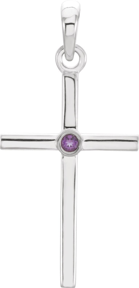 14K Gold Round Natural Amethyst Cross Pendant - White Gold