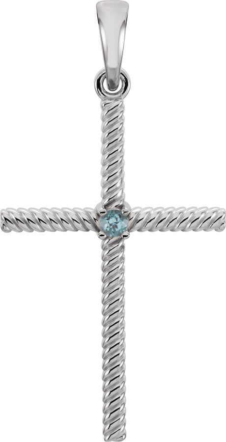 Platinum Round Natural Swiss Blue Topaz Rope Cross Pendant