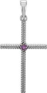 14K Gold Round Natural Amethyst Rope Cross Pendant - White Gold