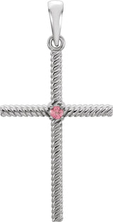 14K Gold Round Natural Pink Tourmaline Rope Cross Pendant - White Gold