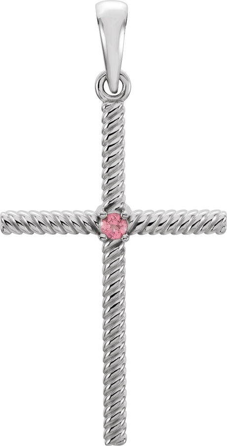 Platinum Round Natural Pink Tourmaline Rope Cross Pendant