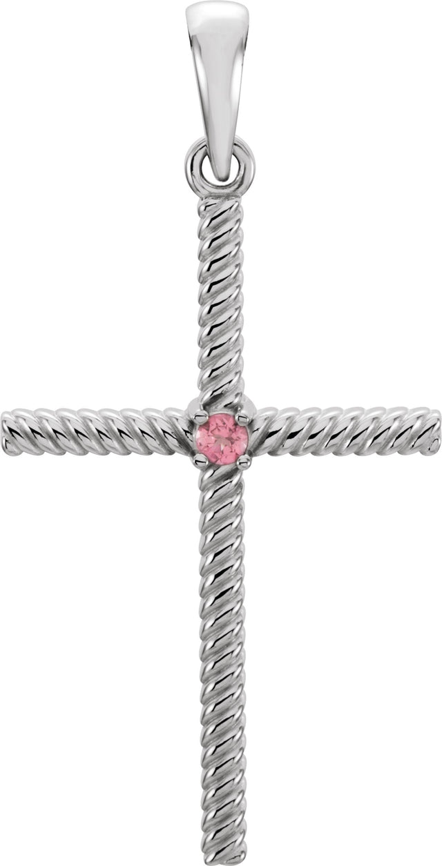 Platinum Round Natural Pink Tourmaline Rope Cross Pendant