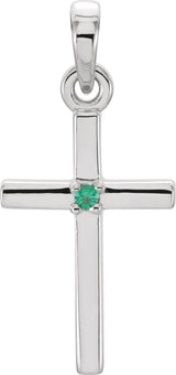 Platinum Round Natural Emerald Birthstone Cross Pendant