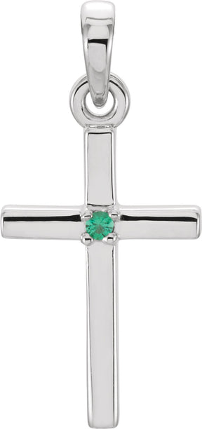Platinum Round Natural Emerald Birthstone Cross Pendant