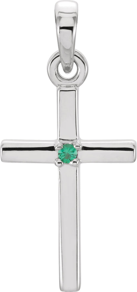 Platinum Round Natural Emerald Birthstone Cross Pendant