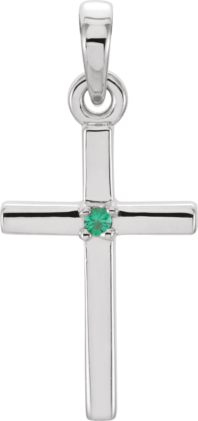 Platinum Round Natural Emerald Birthstone Cross Pendant