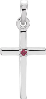Platinum Round Natural Ruby Birthstone Cross Pendant