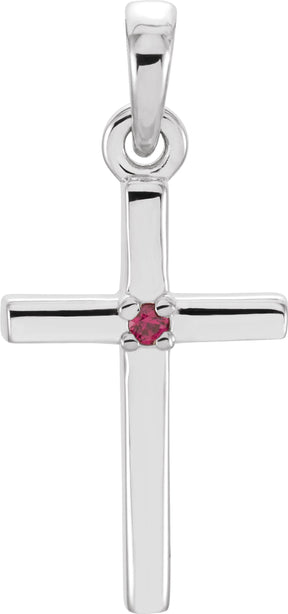 Platinum Round Natural Ruby Birthstone Cross Pendant