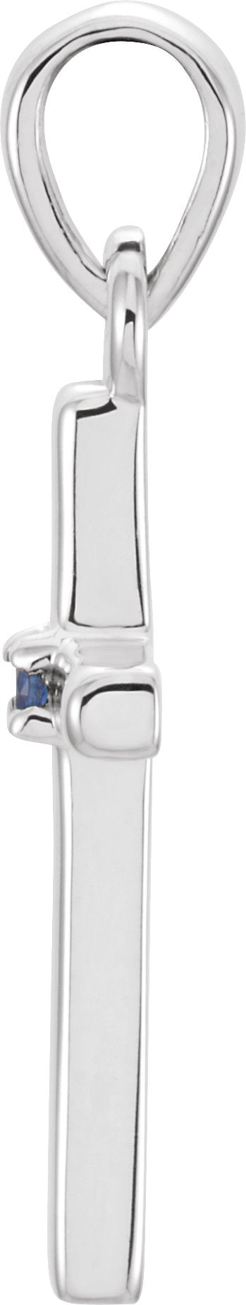 Platinum Round Natural Blue Sapphire Birthstone Cross Pendant - view 2