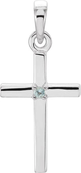 Platinum Round Natural Aquamarine Birthstone Cross Pendant