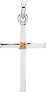 14K Gold Round Natural Citrine Birthstone Cross Pendant - White Gold