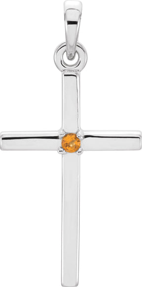 14K Gold Round Natural Citrine Birthstone Cross Pendant - White Gold