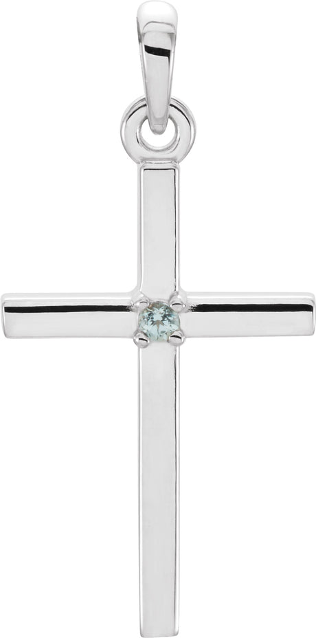 14K Gold Round Natural Blue Zircon Birthstone Cross Pendant - White Gold