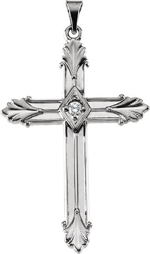 14K Gold Round Natural Diamond Cross Pendant – 2.5mm Stones - White Gold