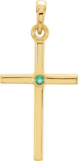 14K Gold Round Natural Emerald Cross Pendant - Yellow Gold