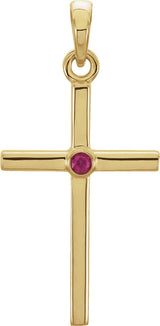14K Gold Round Natural Ruby Cross Pendant - Yellow Gold