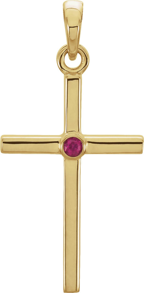14K Gold Round Natural Ruby Cross Pendant - Yellow Gold