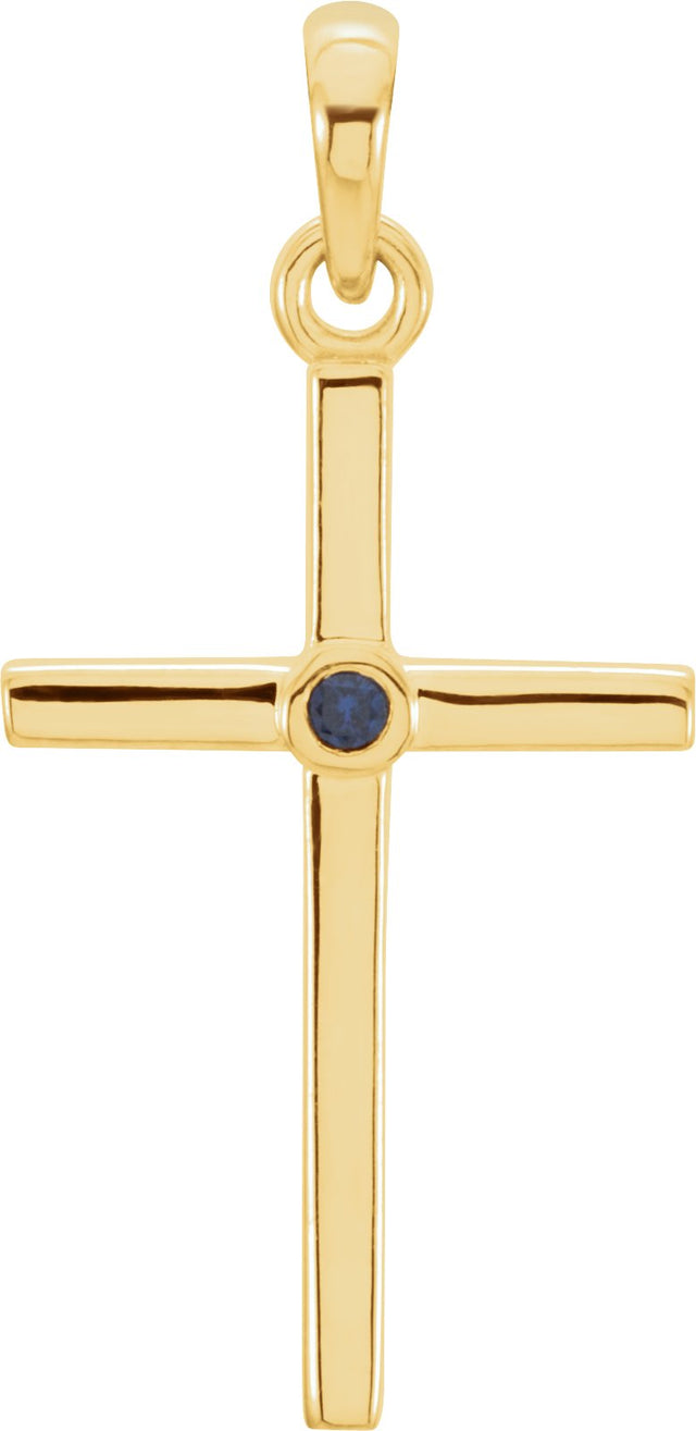 14K Gold Round Natural Blue Sapphire Cross Pendant - Yellow Gold