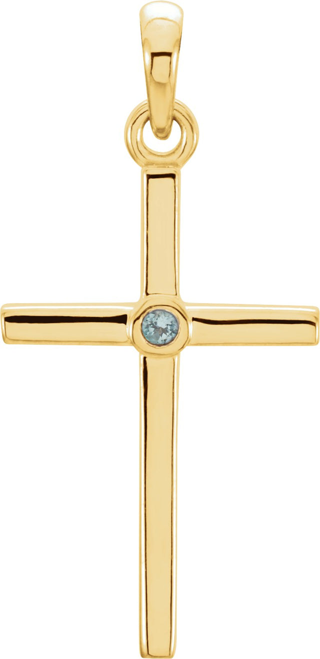 14K Gold Round Natural Aquamarine Cross Pendant - Yellow Gold