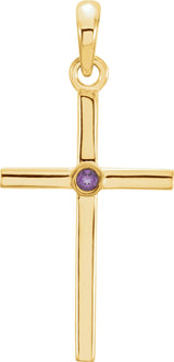 14K Gold Round Natural Amethyst Cross Pendant - Yellow Gold