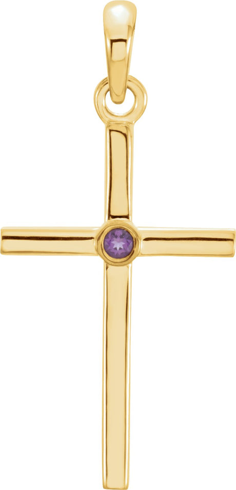 14K Gold Round Natural Amethyst Cross Pendant - Yellow Gold
