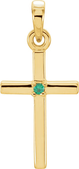14K Gold Round Natural Emerald Birthstone Cross Pendant - Yellow Gold