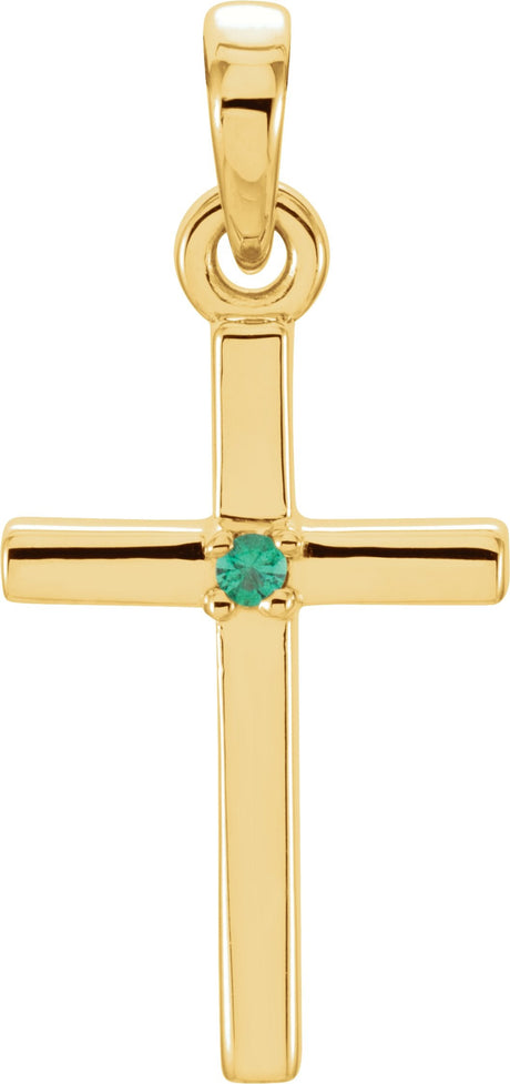 14K Gold Round Natural Emerald Birthstone Cross Pendant - Yellow Gold
