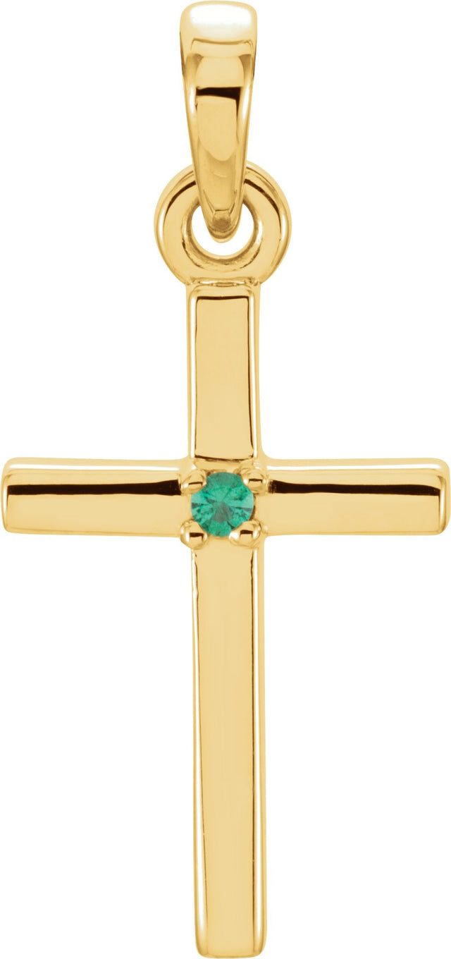14K Gold Round Natural Emerald Birthstone Cross Pendant - Yellow Gold