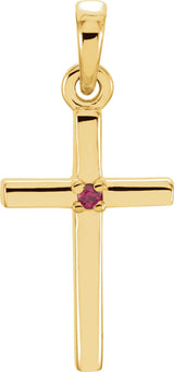14K Gold Round Natural Ruby Birthstone Cross Pendant - Yellow Gold