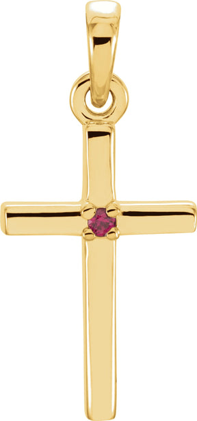 14K Gold Round Natural Ruby Birthstone Cross Pendant - Yellow Gold