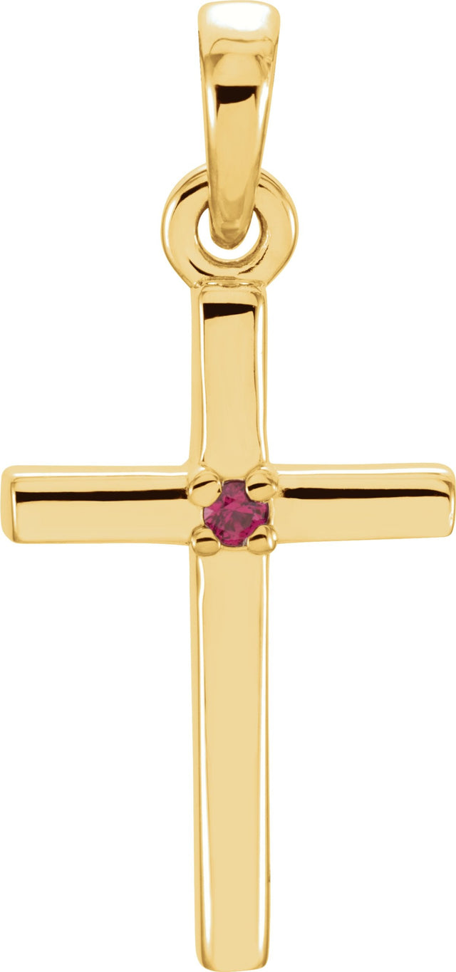14K Gold Round Natural Ruby Birthstone Cross Pendant - Yellow Gold