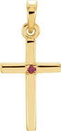 14K Gold Round Natural Ruby Birthstone Cross Pendant - Yellow Gold