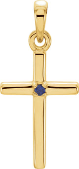 14K Gold Round Natural Amethyst Birthstone Cross Pendant - Yellow Gold