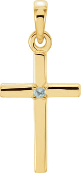 14K Gold Round Natural Aquamarine Birthstone Cross Pendant - Yellow Gold