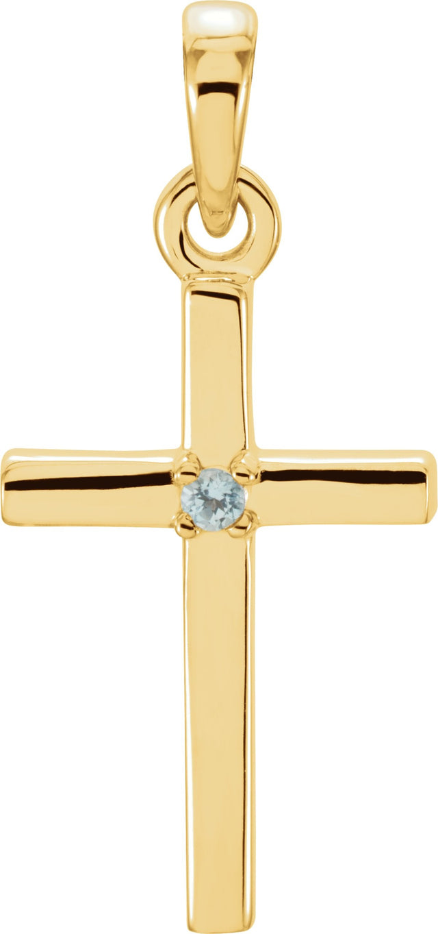 14K Gold Round Natural Aquamarine Birthstone Cross Pendant - Yellow Gold