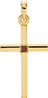 14K Gold Round Natural Mozambique Garnet Birthstone Cross Pendant - Yellow Gold