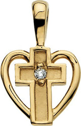 14K Gold Round Natural Diamond Heart & Cross Pendant - Yellow Gold